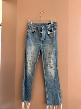 AllSaints Light Blue Straight Leg Jeans with Crystal Embellishments